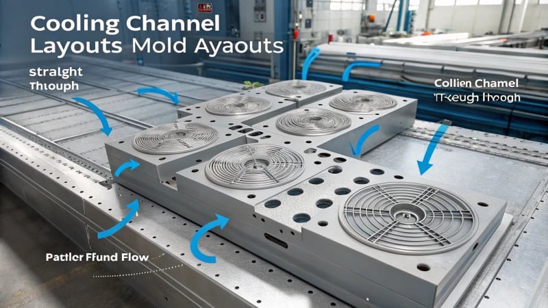 Technical illustration of mold cooling system channel layouts