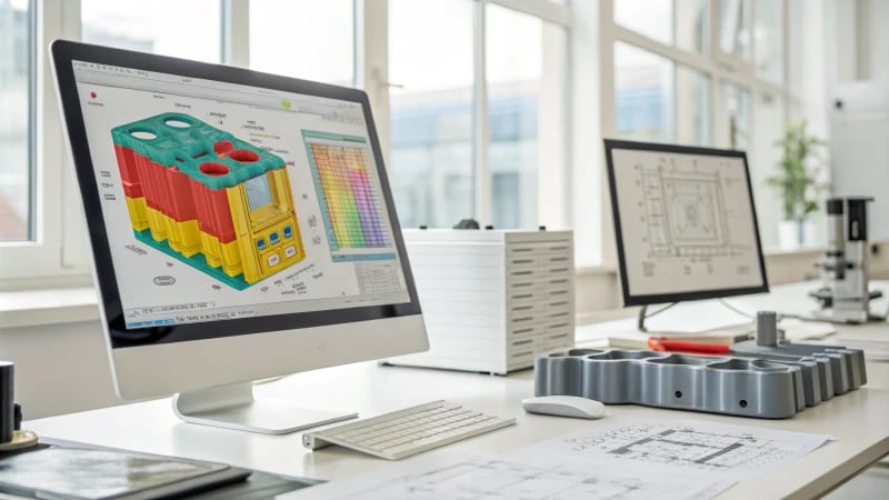 Computer screen displaying a mold flow analysis simulation