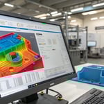 A computer screen showing Mold Flow Analysis software with a vibrant 3D model.