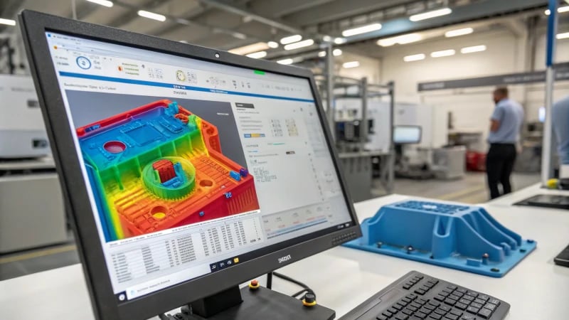 A computer screen showing Mold Flow Analysis software with a vibrant 3D model.