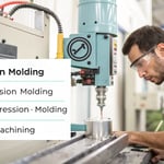 Infographic comparing injection molding, extrusion molding, compression molding, and CNC machining.