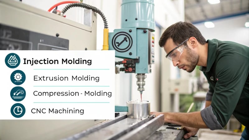Molding Processes Infographic Infographic comparing injection molding, extrusion molding, compression molding, and CNC machining.