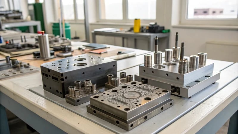 Close-up of manufacturing molds and dies on a workbench