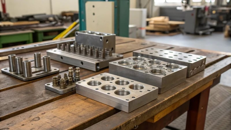 Close-up of molds and dies on a workshop bench