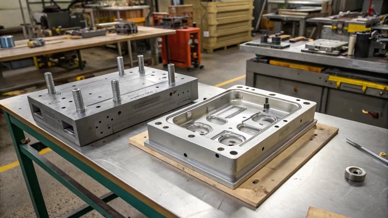 A manufacturing scene showcasing two types of molds on a workbench