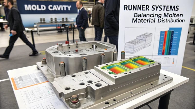 Technical illustration of a multi-cavity mold with runner systems