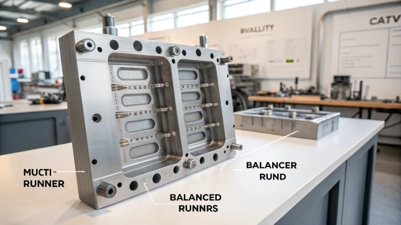 Technical illustration of a multi-cavity mold with labeled runners and cavities