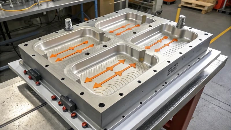 Technical illustration of a multi-cavity mold showing internal structure and flow of molten plastic.