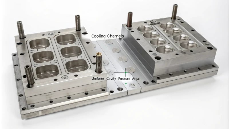 Technical illustration of a multi-cavity mold for plastic manufacturing