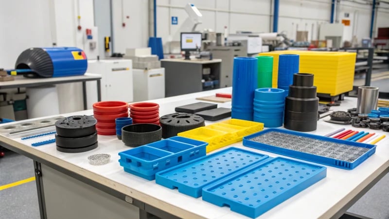 A well-organized workbench with colorful thermoplastics and metal pieces.