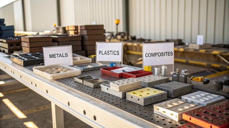 A detailed view of a well-organized workbench with labeled mold materials.