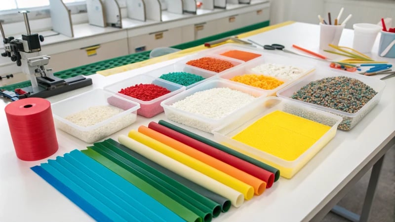 A bright and organized workshop filled with colorful plastic materials