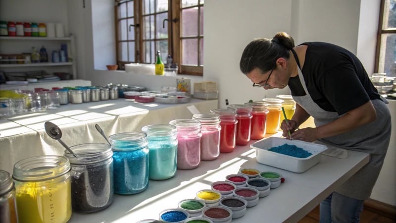 A technician measuring vibrant blue pigment in a tidy workspace