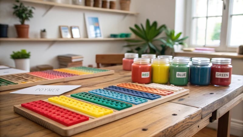 A well-organized workspace with colorful plastic samples and jars of colorants.
