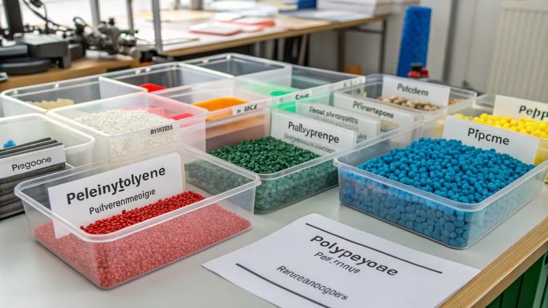 Organized workspace with plastic materials for injection molding