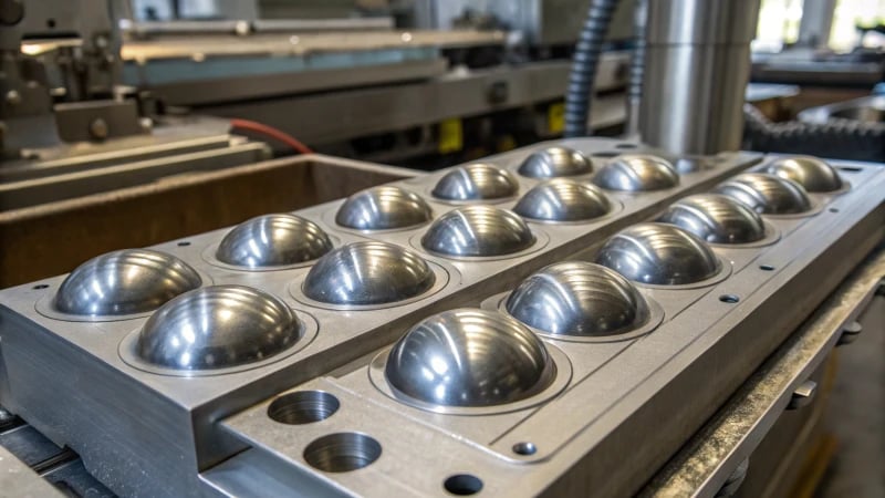 Close-up of industrial plastic ball production mold