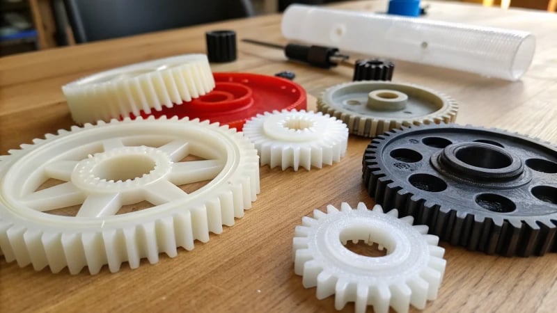 Close-up of various plastic gears on a workbench