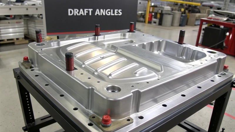 Detailed diagram of a plastic injection mold showing draft angles