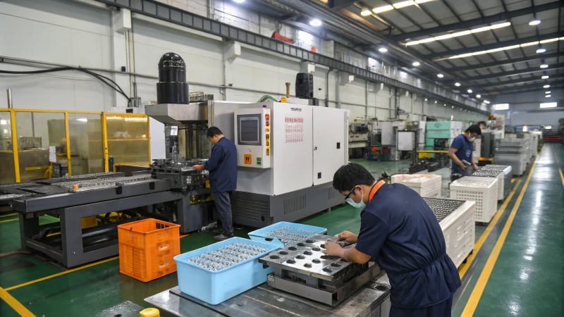 Workers in a plastic injection mold manufacturing factory