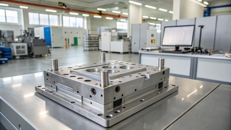 High-resolution image of a plastic injection mold in an industrial workspace