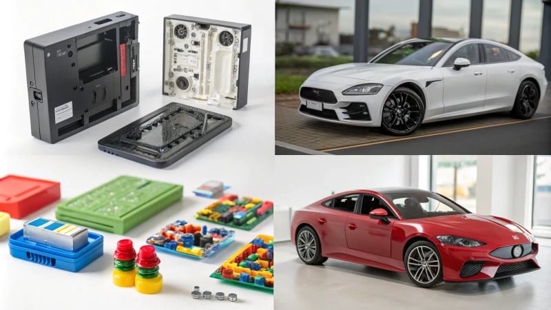 A collage showcasing the benefits of plastic injection molding in various industries