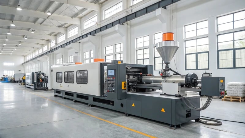 State-of-the-art plastic injection molding machine in a bright factory