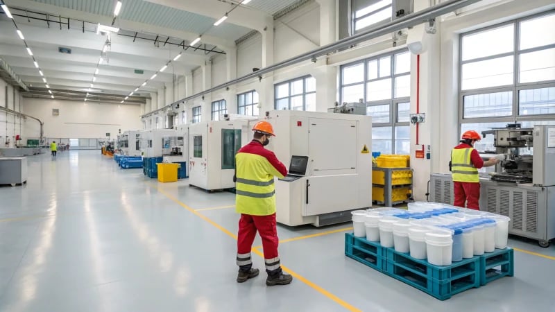 Workers in a modern plastic manufacturing facility conducting quality control inspections.