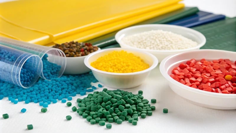 Close-up of colorful plastic materials including pellets and sheets