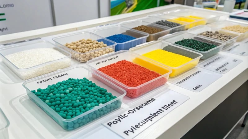 Display of various plastic materials for injection molding