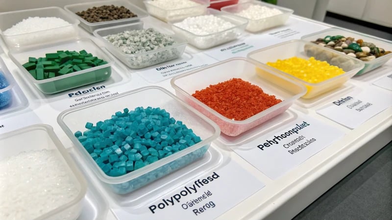 Organized display of labeled plastic materials on a workbench