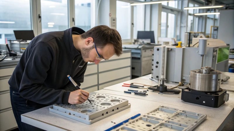A plastic mold maker working on a detailed mold design