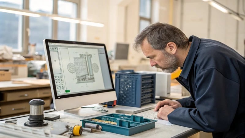 A plastic mold maker examining a design on a computer in a workshop.