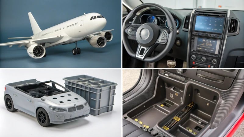 A collage of plastic molded components from different industries