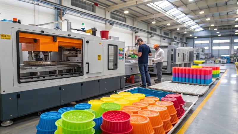 Plastic Molding in Action Plastic molding machine producing colorful items in a factory