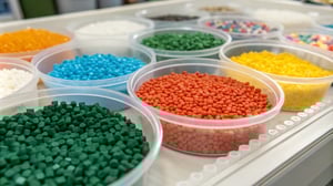 Close-up view of colorful plastic pellets on a workbench