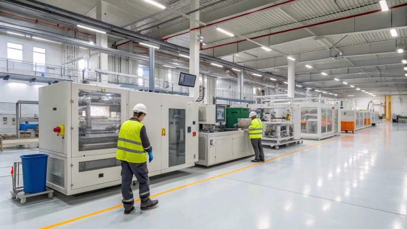 Modern plastic production facility with workers in safety gear