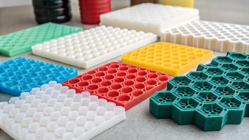 Colorful plastic samples displayed in various shapes