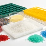 Various plastic samples on a white background