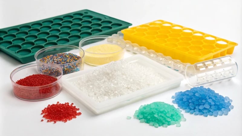 Various plastic samples on a white background