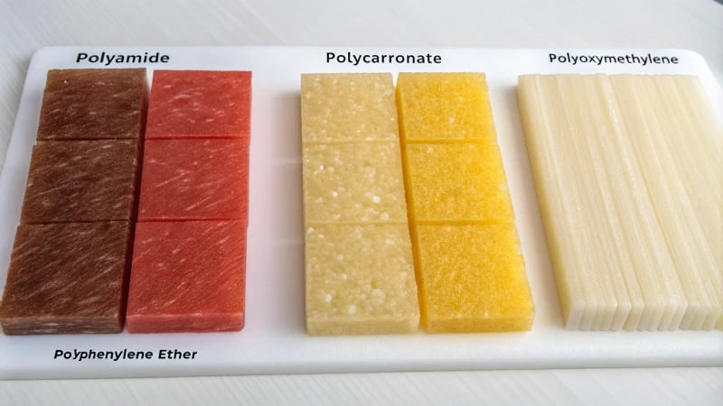 Four distinct samples of different plastics on a clean surface