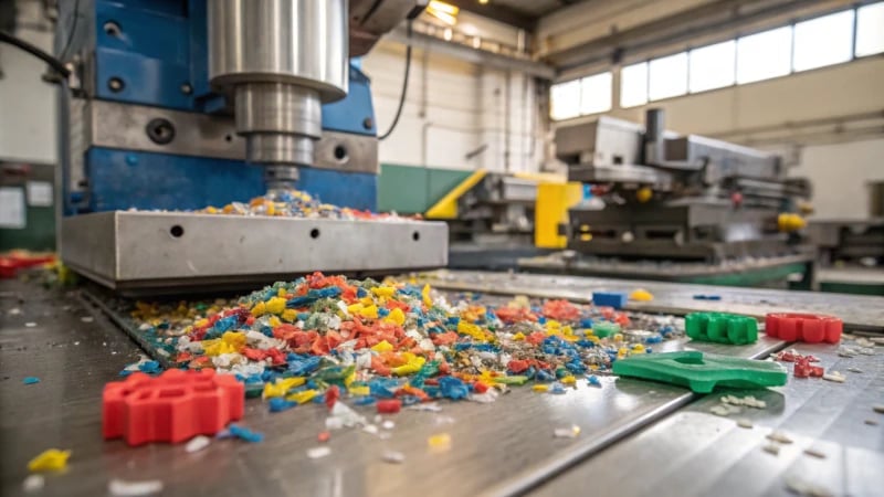 Close-up of colorful plastic waste on a factory floor