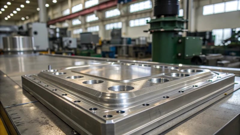 Close-up of a polished mold surface in a manufacturing setting