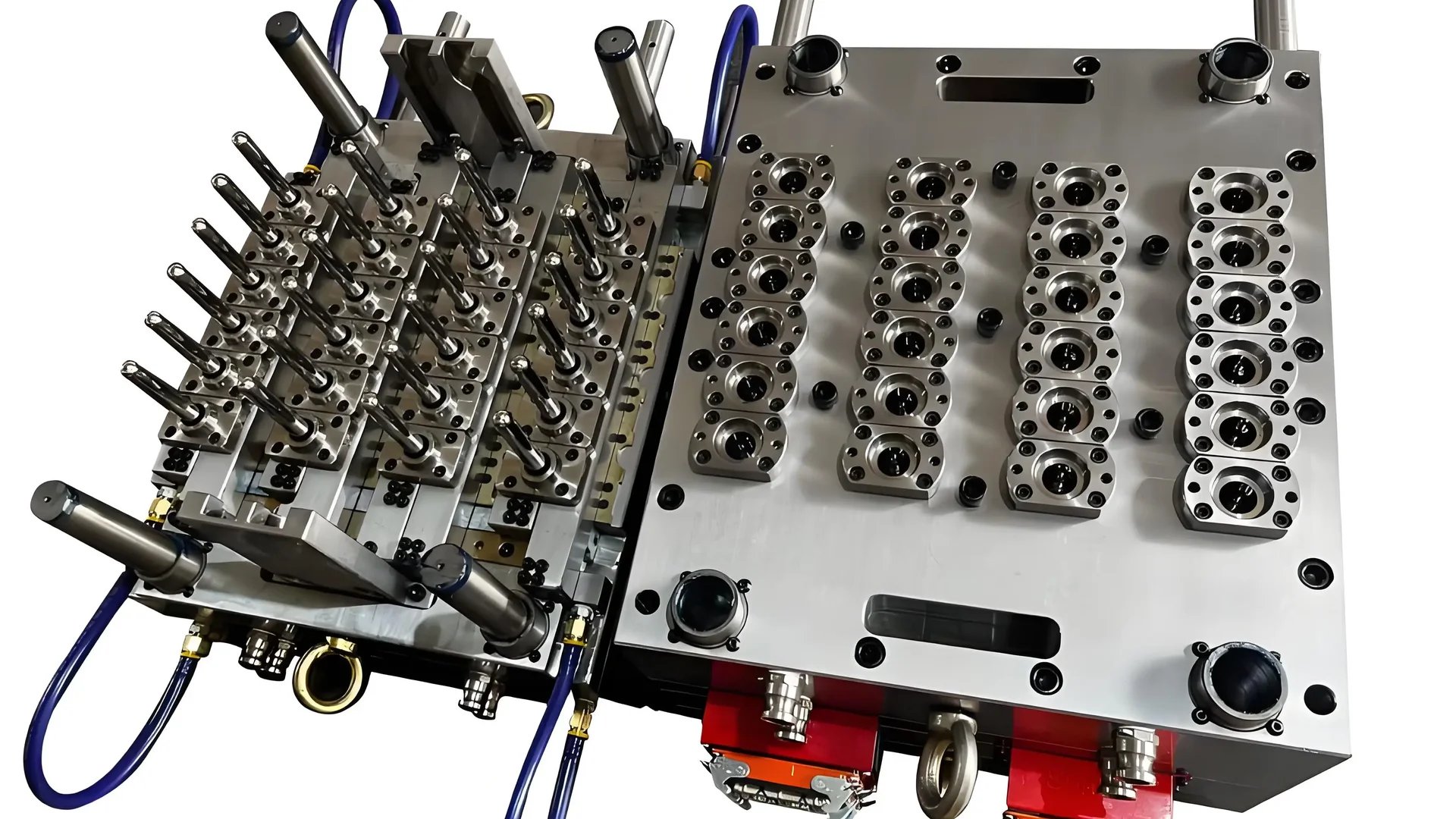 Close-up of a modern hot runner mold with temperature control elements