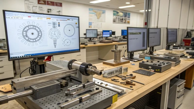 A photorealistic view of a precision engineering workshop with tools and monitors