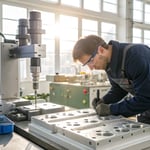 A skilled plastic mold maker working in a workshop with high-tech machinery