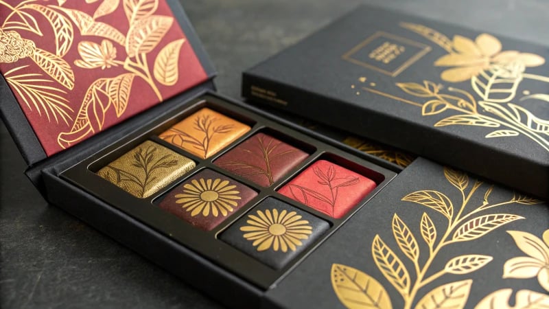 Close-up of premium packaging with hot stamping