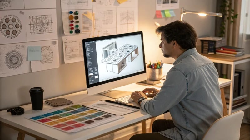 Designer studying blueprints in a workshop