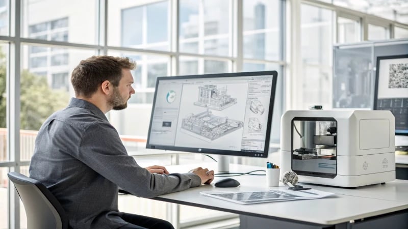 A designer working on CAD software at a modern workstation