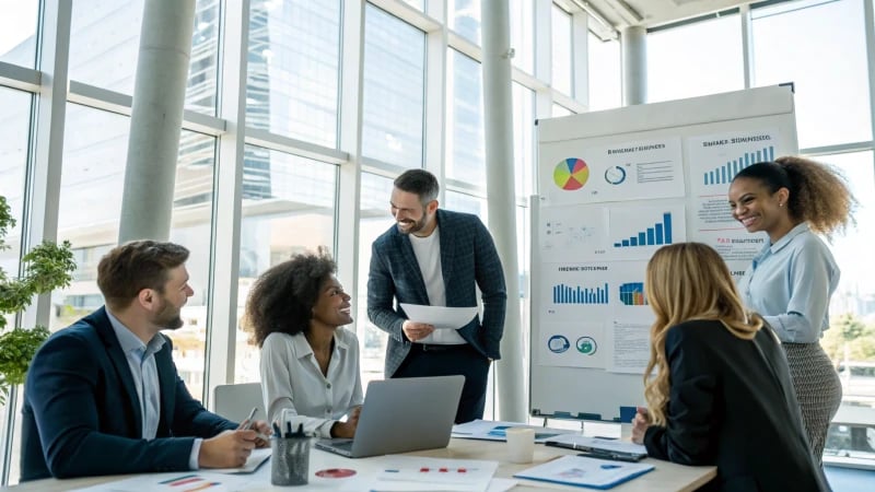 Diverse group of business professionals discussing in a modern office.