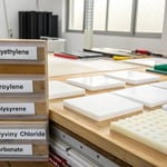 A professional workspace with labeled plastic material samples